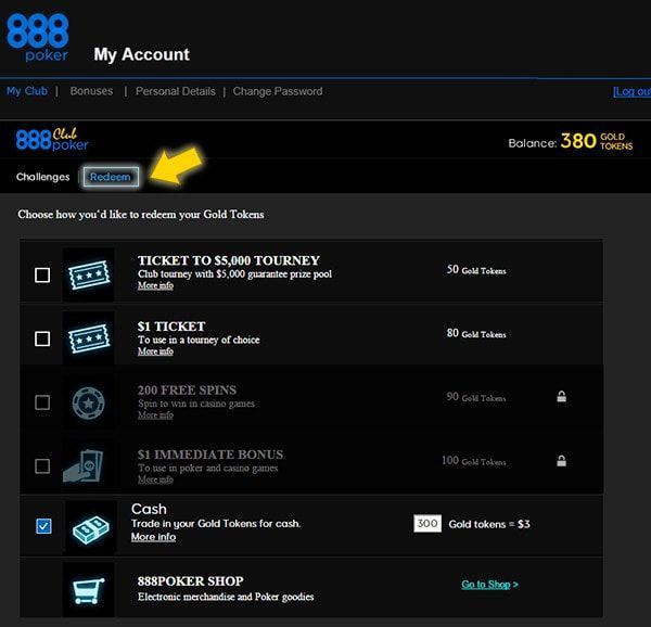 Como posso trocar de fichas de ouro na 888poker por premios