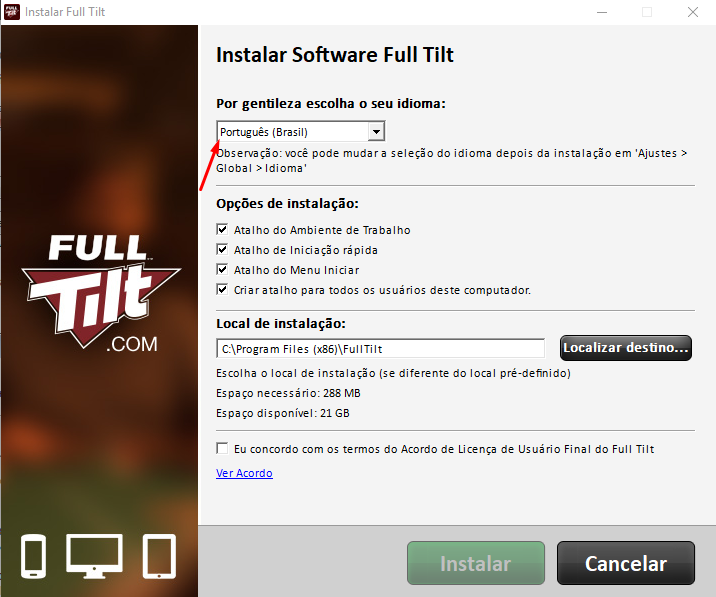 Escolha o idioma da software Full Tilt Poker