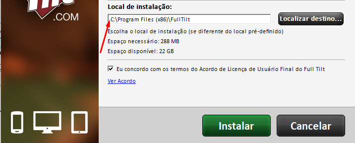 Escolha a pasta de instalação da  Full Tilt Poker