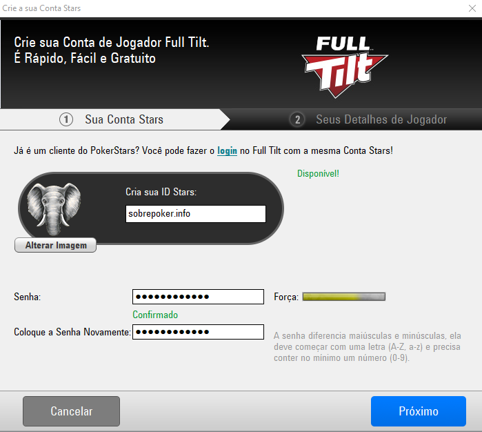 A criação de uma nova conta na Full Tilt Poker