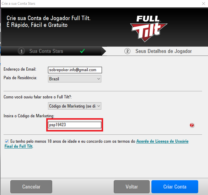 A criação de uma nova conta na Full Tilt Poker.