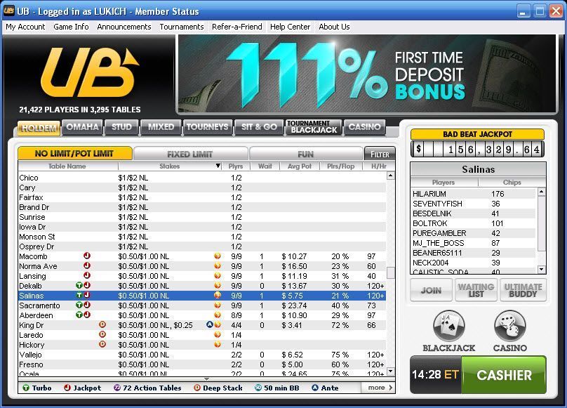Lobby da sala de poker Ultimate Bet